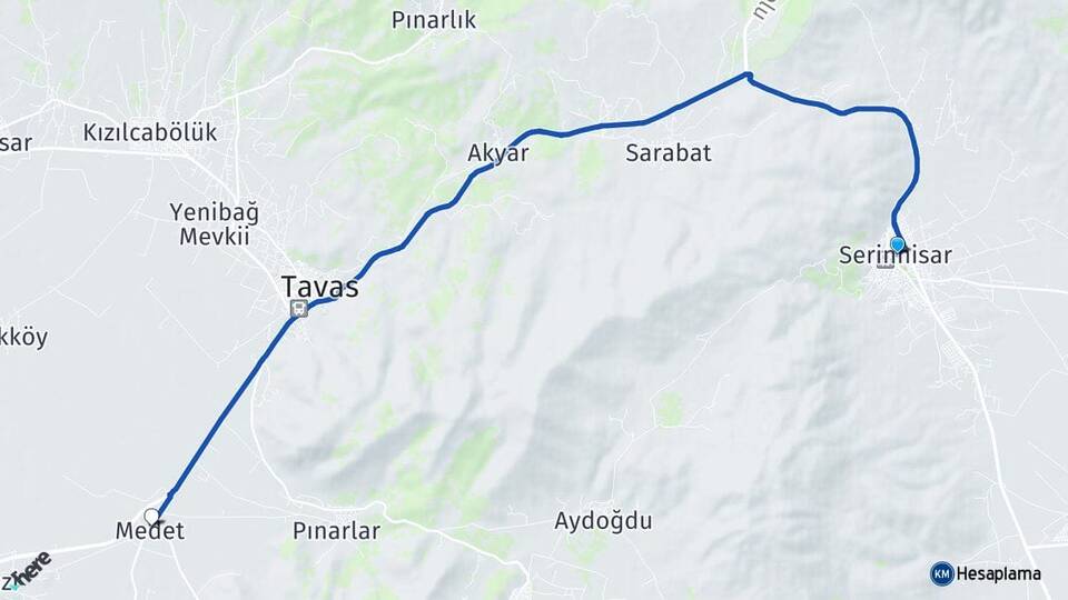 Denizli Serinhisar Medet Tavas Arası Kaç Km - Yol Haritası