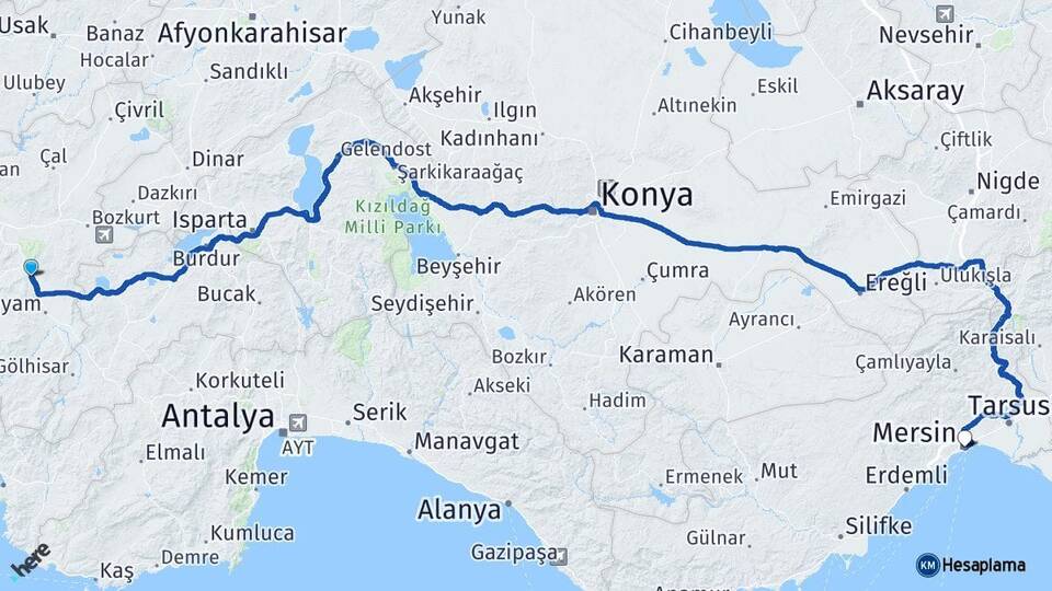 Denizli Serinhisar Mersin Arası Kaç Km - Yol Haritası