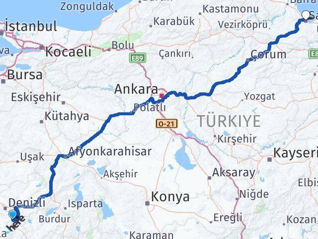 Denizli Serinhisar Samsun Arası Kaç Km - Yol Haritası