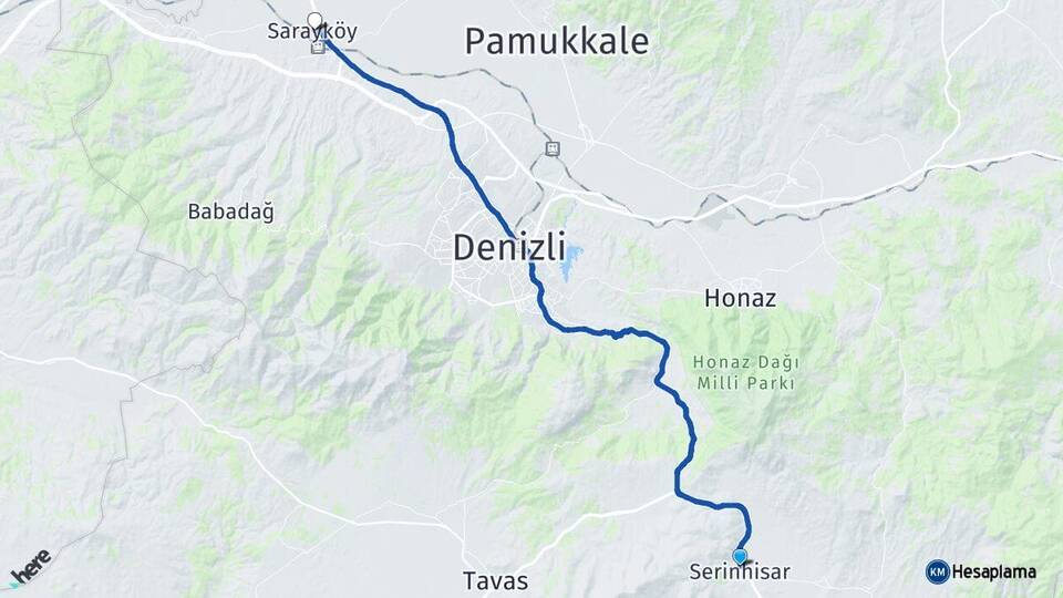 Denizli Serinhisar Sarayköy Arası Kaç Km - Yol Haritası