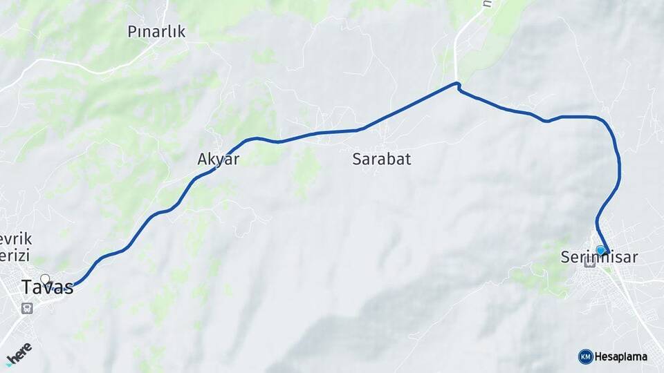 Denizli Serinhisar Tavas Arası Kaç Km - Yol Haritası