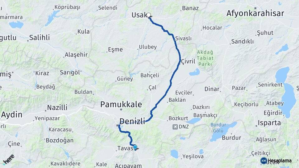 Denizli Serinhisar Uşak Arası Kaç Km - Yol Haritası
