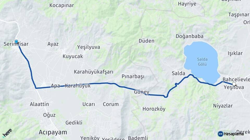 Denizli Serinhisar Yeşilova Burdur Arası Kaç Km - Yol Haritası