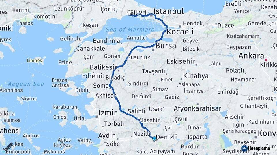 Denizli Silivri İstanbul Arası Kaç Km - Yol Haritası