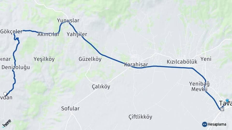 Denizli Tavas Avdan Tavas Arası Kaç Km - Yol Haritası