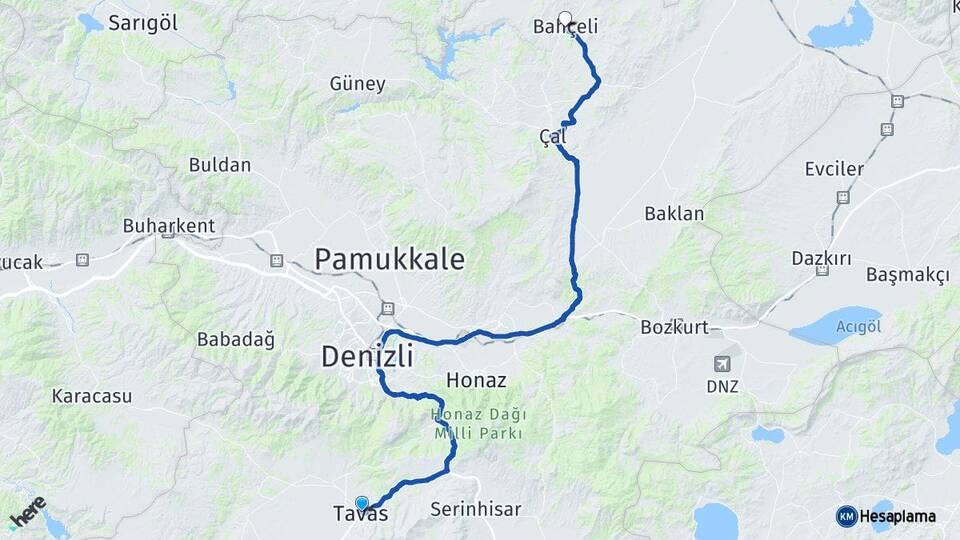 Denizli Tavas Bekilli Arası Kaç Km - Yol Haritası
