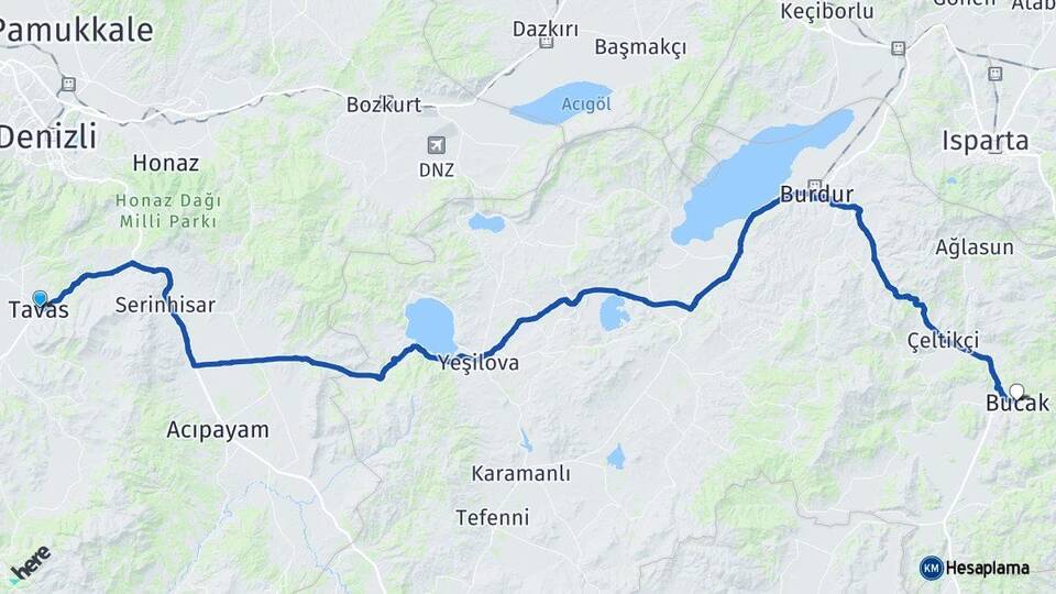 Denizli Tavas Bucak Burdur Arası Kaç Km - Yol Haritası