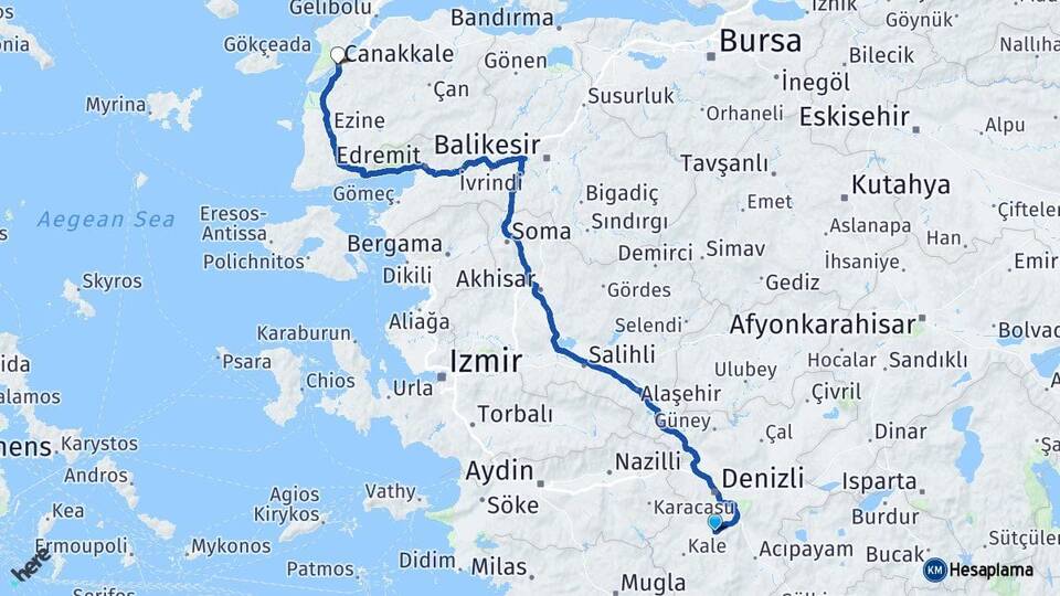 Denizli Tavas Çanakkale Arası Kaç Km - Yol Haritası