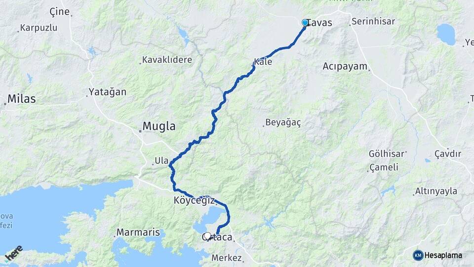 Denizli Tavas Dalyan Ortaca Muğla Arası Kaç Km - Yol Haritası