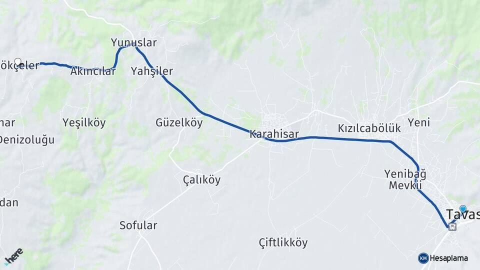 Denizli Tavas Gökçeler Tavas Arası Kaç Km - Yol Haritası