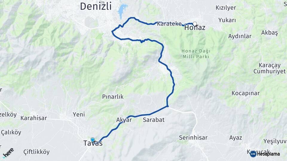 Denizli Tavas Honaz Arası Kaç Km - Yol Haritası