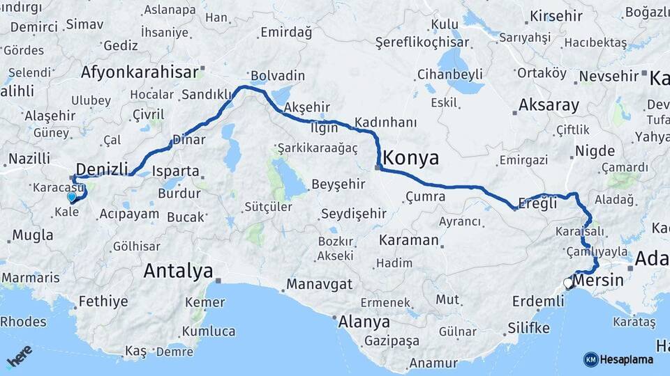Denizli Tavas Mersin Arası Kaç Km - Yol Haritası