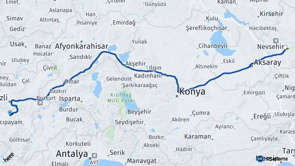 Denizli Tavas Nevşehir Arası Kaç Km - Yol Haritası