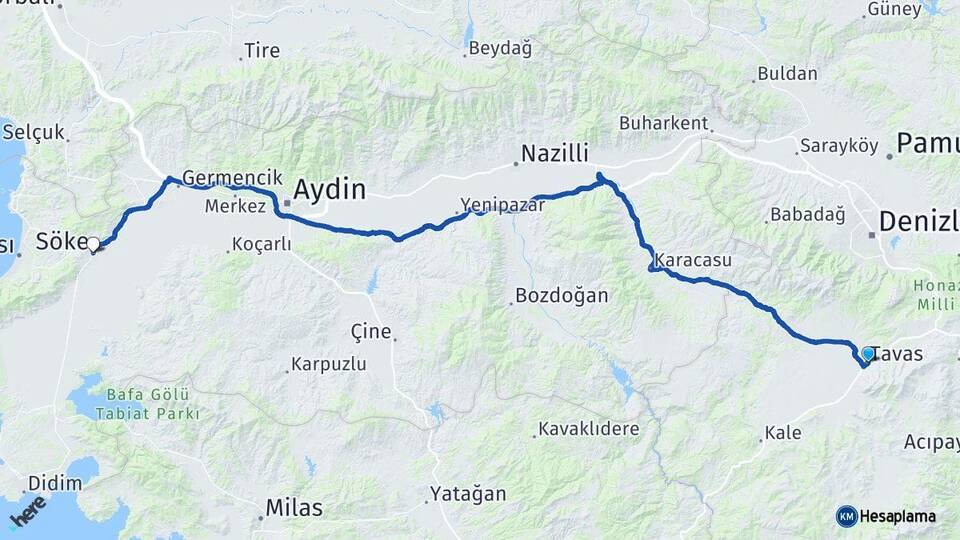 Denizli Tavas Söke Aydın Arası Kaç Km - Yol Haritası