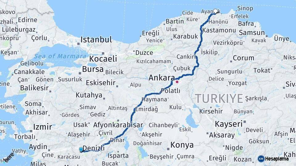 Denizli Türkeli Sinop Arası Kaç Km - Yol Haritası