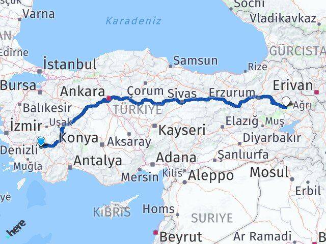 Denizli Tutak Ağrı Arası Kaç Km - Yol Haritası