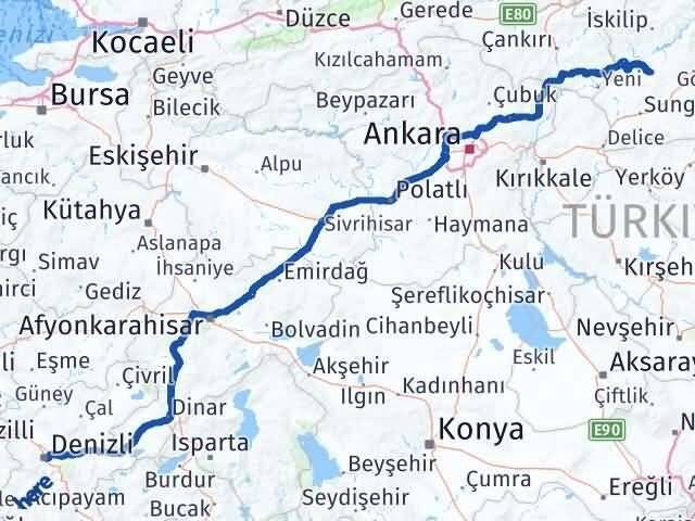 Denizli Uğurludağ Çorum Arası Kaç Km - Yol Haritası