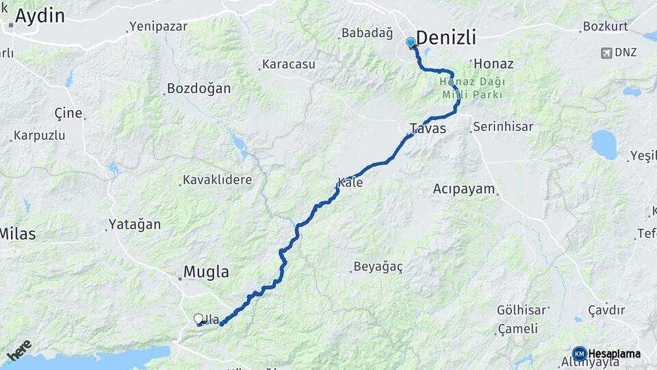 Denizli Ula Muğla Arası Kaç Km - Yol Haritası