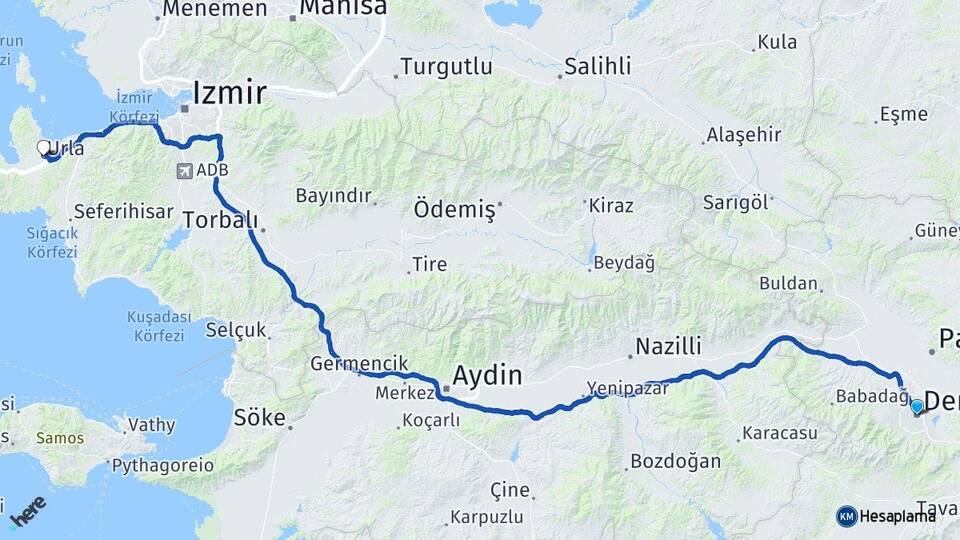 Denizli Urla İzmir Arası Kaç Km - Yol Haritası