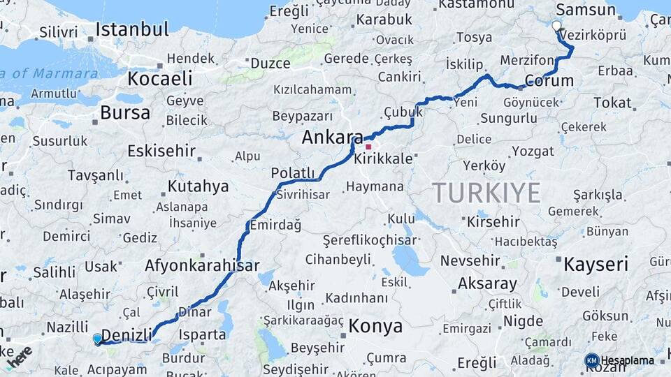 Denizli Vezirköprü Samsun Arası Kaç Km - Yol Haritası