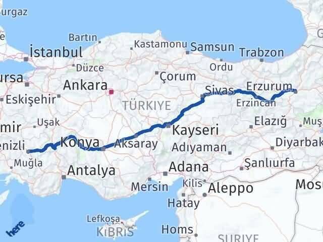 Denizli Yakutiye Erzurum Arası Kaç Km - Yol Haritası