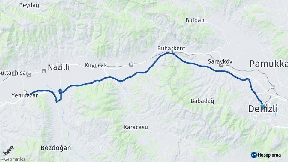 Denizli Yenipazar Aydın Arası Kaç Km - Yol Haritası