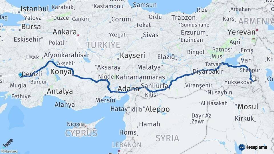 Denizli Yüksekova Hakkari Arası Kaç Km - Yol Haritası