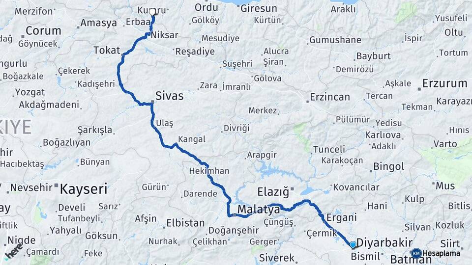 Diyarbakır Akkuş Ordu Arası Kaç Km - Yol Haritası
