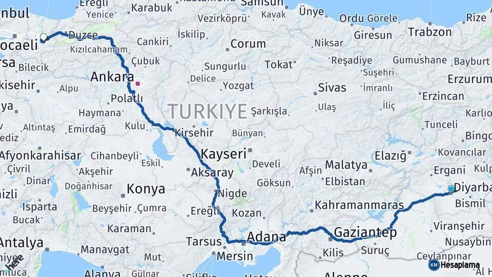 Diyarbakır Akyazı Sakarya Arası Kaç Km - Yol Haritası