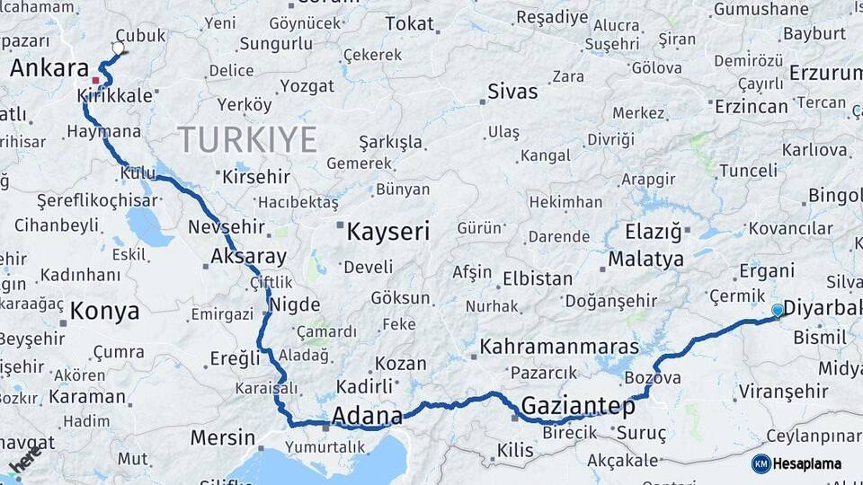 Diyarbakır Akyurt Ankara Arası Kaç Km - Yol Haritası