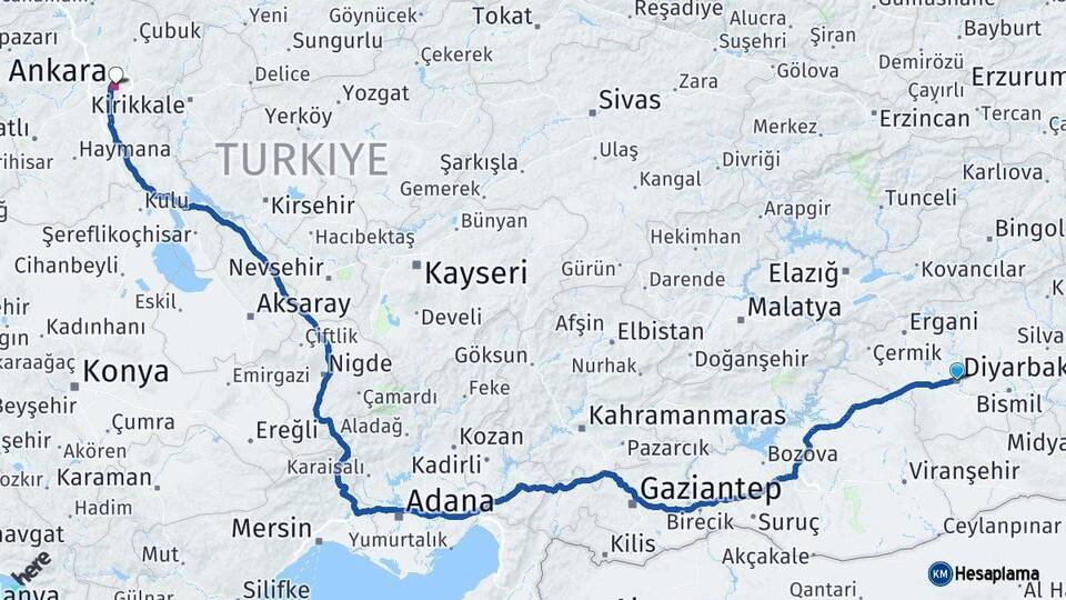 Diyarbakır Altındağ Ankara Arası Kaç Km - Yol Haritası