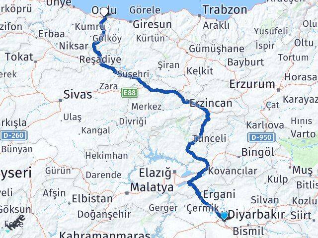 Diyarbakır Altınordu Arası Kaç Km - Yol Haritası