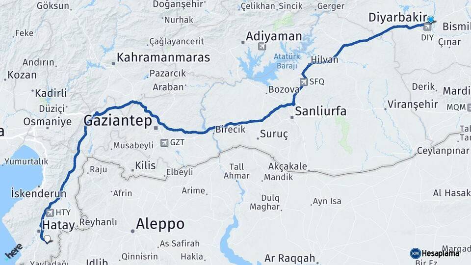 Diyarbakır Altınözü Hatay Arası Kaç Km - Yol Haritası