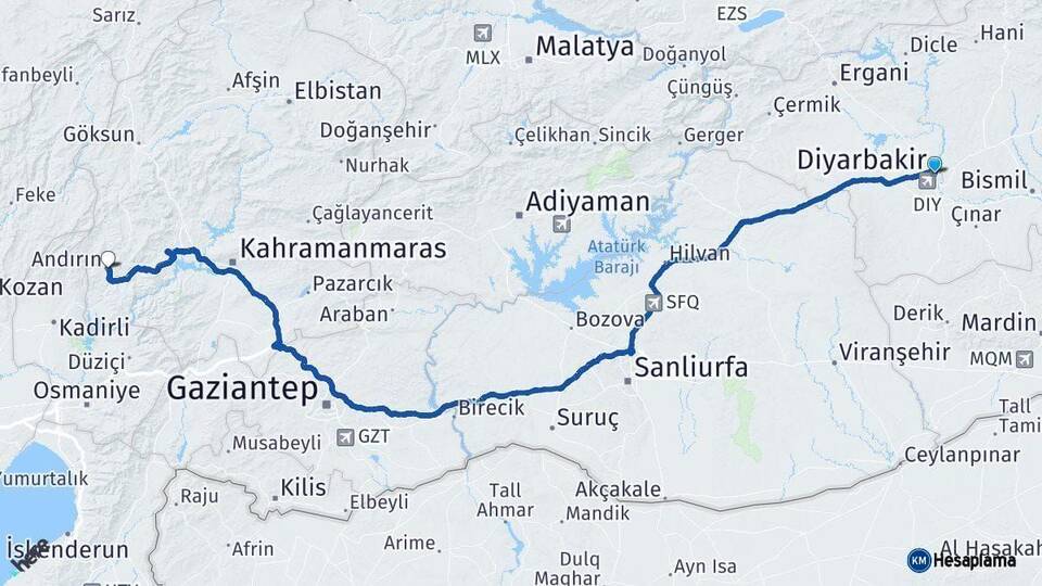 Diyarbakır Andırın Kahramanmaraş Arası Kaç Km - Yol Haritası