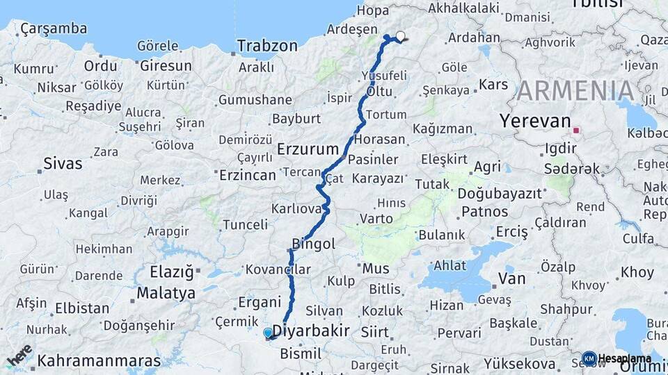 Diyarbakır Ardanuç Artvin Arası Kaç Km - Yol Haritası