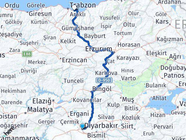 Diyarbakır Arsin Trabzon Arası Kaç Km - Yol Haritası