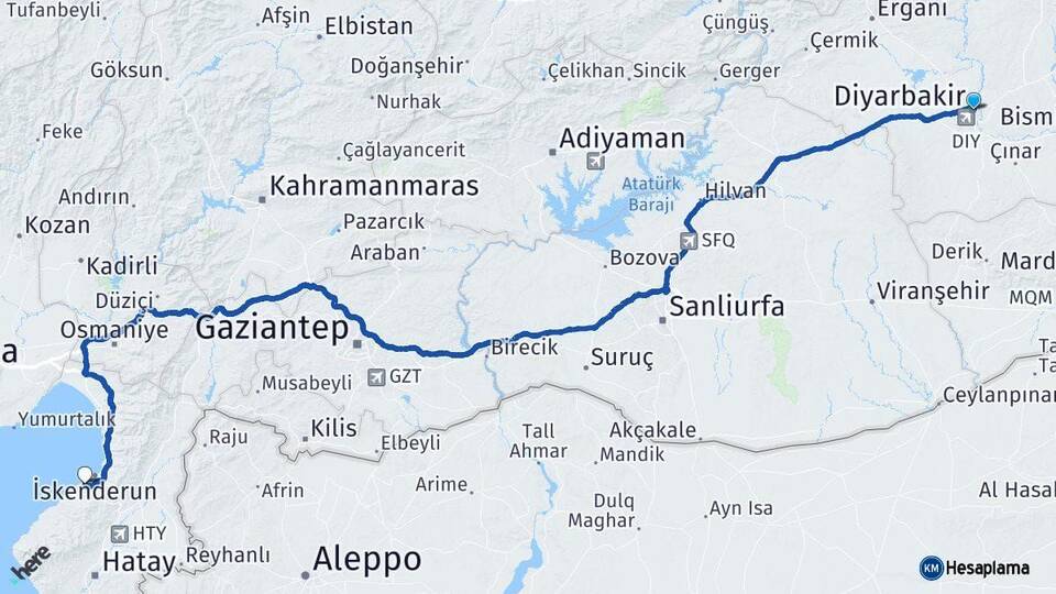 Diyarbakır Arsuz Hatay Arası Kaç Km - Yol Haritası