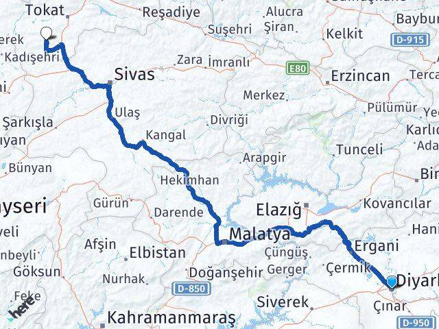 Diyarbakır Artova Tokat Arası Kaç Km - Yol Haritası