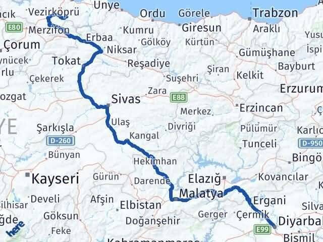 Diyarbakır Asarcık Samsun Arası Kaç Km - Yol Haritası