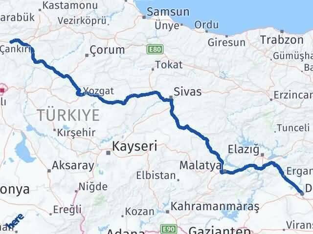Diyarbakır Atkaracalar Çankırı Arası Kaç Km - Yol Haritası