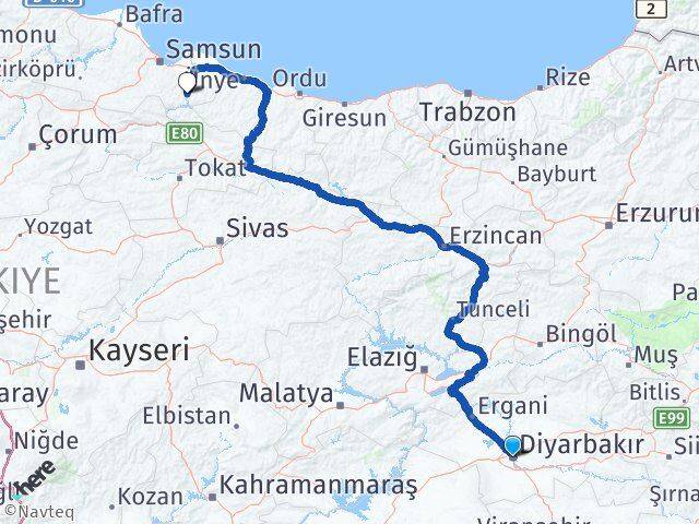 Diyarbakır Ayvacık Samsun Arası Kaç Km - Yol Haritası