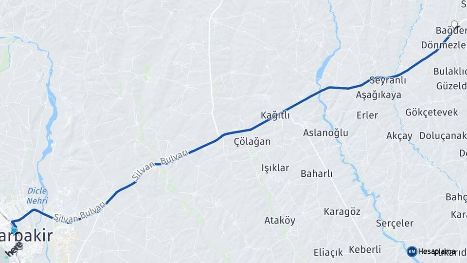Diyarbakır Bağdere Silvan Arası Kaç Km - Yol Haritası