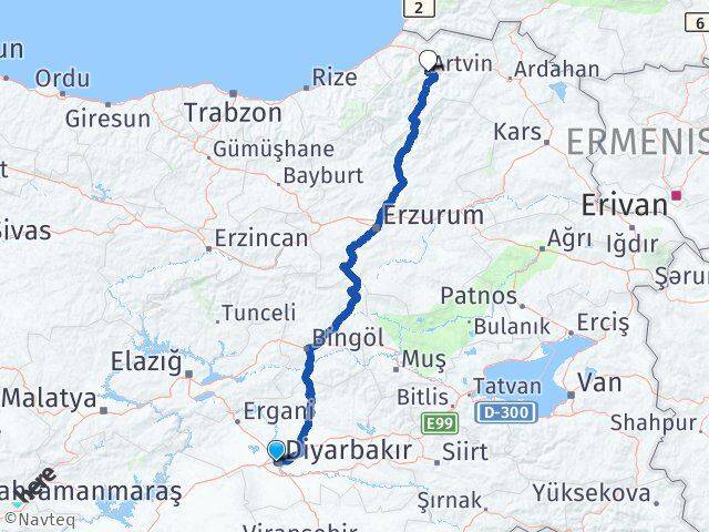 Diyarbakır Bağlar Artvin Arası Kaç Km - Yol Haritası