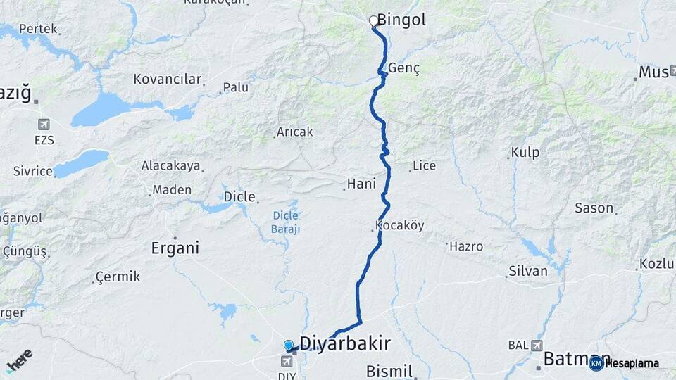 Diyarbakır Bağlar Bingöl Arası Kaç Km - Yol Haritası