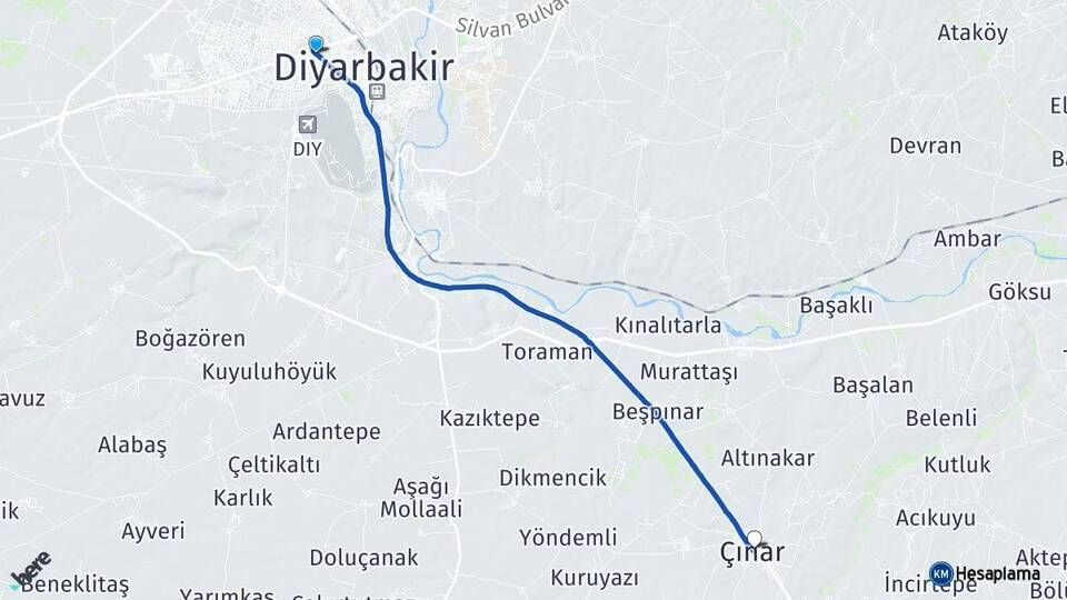 Diyarbakır Bağlar Çınar Arası Kaç Km - Yol Haritası