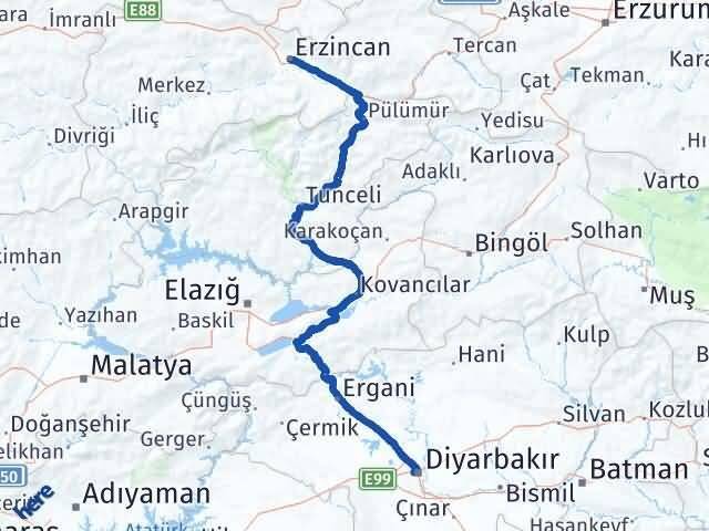 Diyarbakır Bağlar Erzincan Arası Kaç Km - Yol Haritası