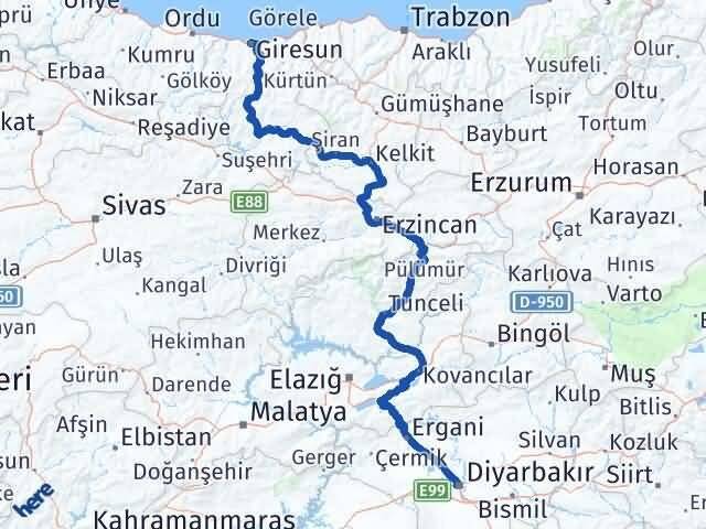 Diyarbakır Bağlar Giresun Arası Kaç Km - Yol Haritası