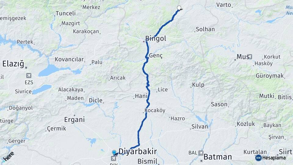 Diyarbakır Bağlar Göynük Karlıova Bingöl Arası Kaç Km - Yol Haritası