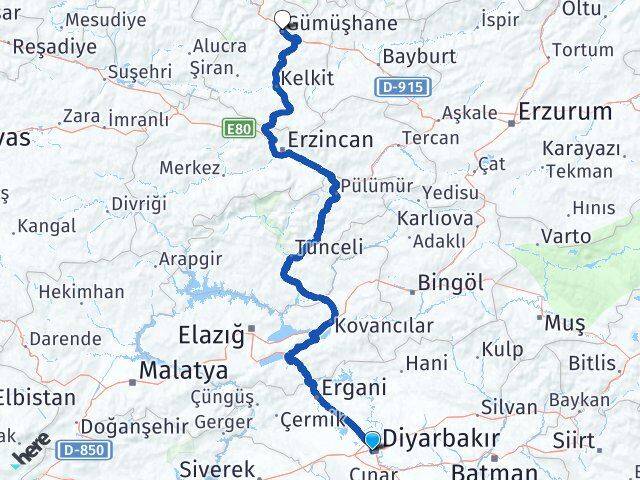 Diyarbakır Bağlar Gümüşhane Arası Kaç Km - Yol Haritası