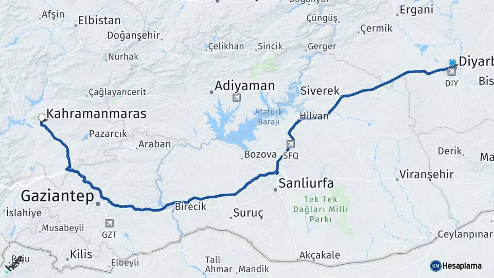 Diyarbakır Bağlar Kahramanmaraş Arası Kaç Km - Yol Haritası
